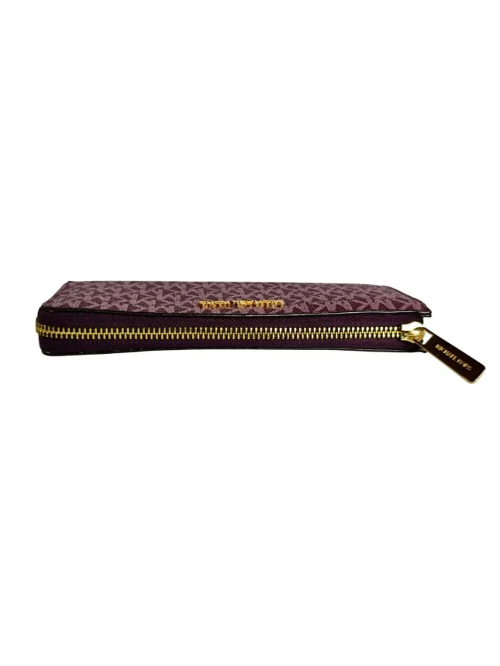 Michael Kors Jet Set Travel Large Zip Wallet Leather Plum Gold Designer New
